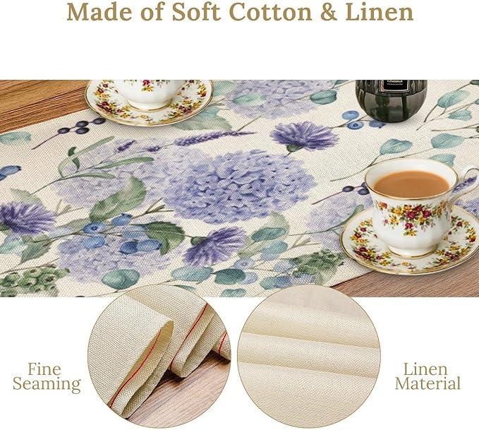 Spring Hydrangea Flower Table Runner, Seasonal Summer Plants Watercolor - Image 5
