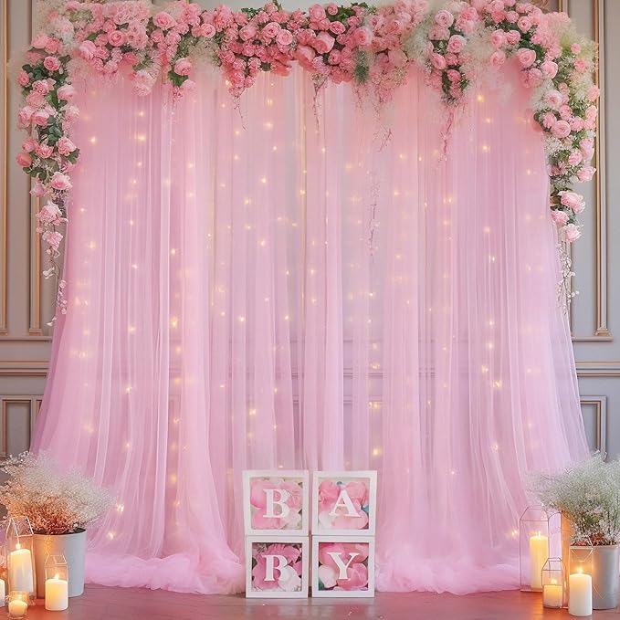 10×10ft Pink Tulle Backdrop Curtain by WishCare