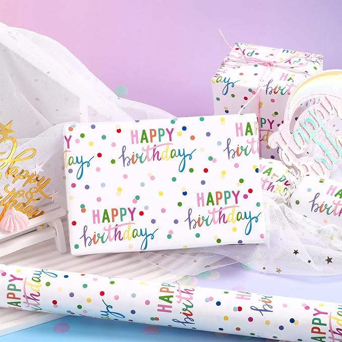 LeZakaa Birthday Wrapping Paper Roll, Happy Birthday Lettering & Colored Polka - Image 3