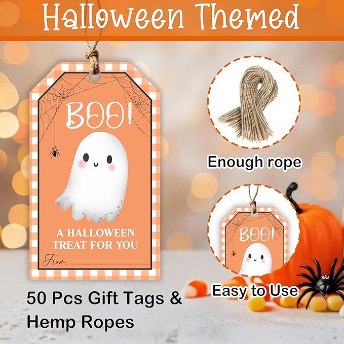 50 Pcs Halloween Tags with String, 2.1"×3.5" Boo Paper Gifts Tags, Ghost Trick - Image 2