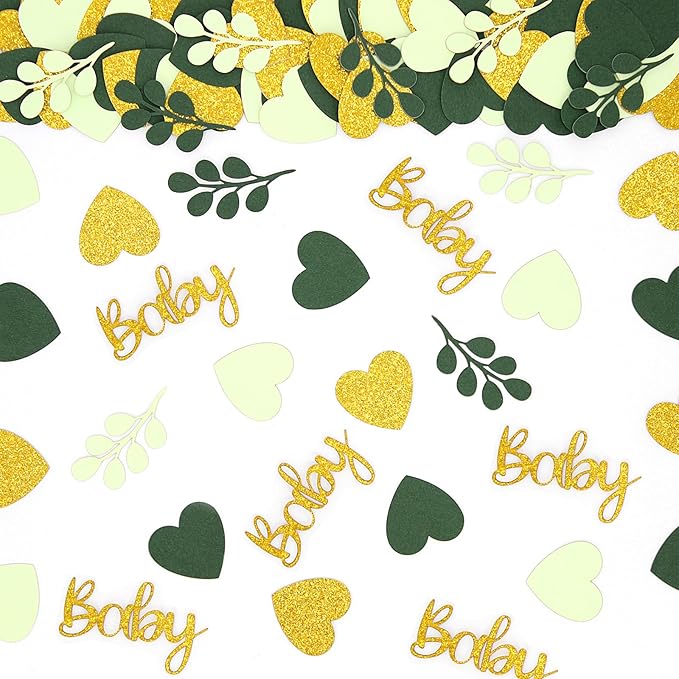 200PC Sage Green Baby Shower Confetti Green Gold Glitter Heart Table Confetti by Vofrise