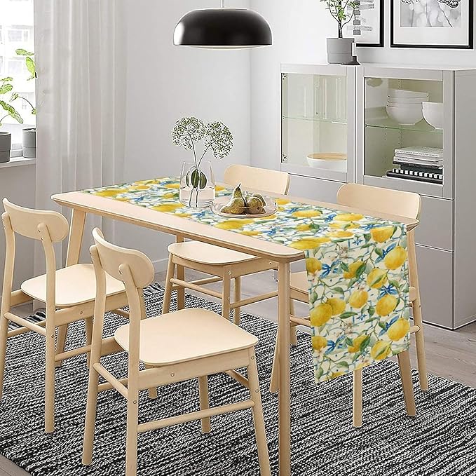 Lemon Table Runner, Watercolor Fruit Green Leaves Spring Summer Table Cloth - Image 3