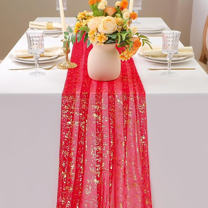 Snowkingdom 10FT Red Gold Table Runner, Sequin Glitter Sheer Chiffon Gauze - Image 2