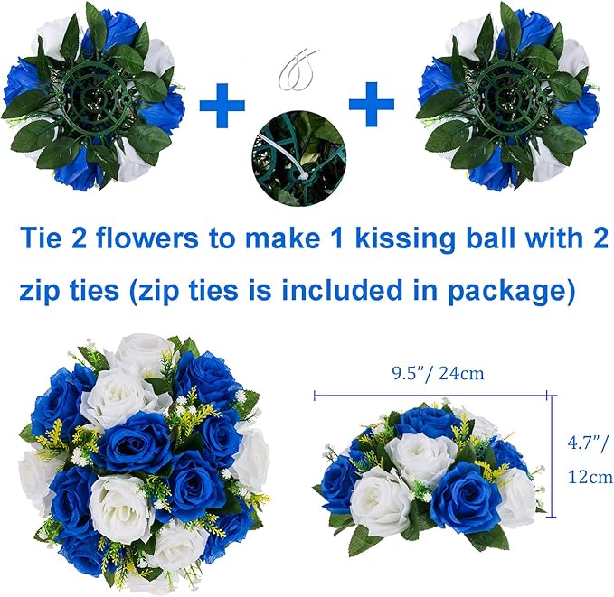BLOSMON Royal Blue White Flowers: 2 Pcs Fake Roses Flower Balls Centerpiece - Image 4