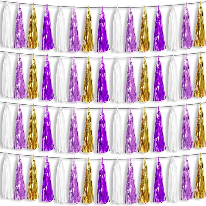 4P Purple-Gold Foil Fringe Metallic Tassel Garland, Tassels Banner Streamers by HYSILLA