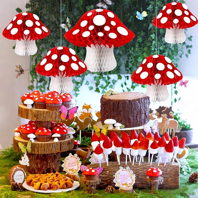 8PCS Mushroom Honeycomb Decor Mushroom Shaped Tissue Paper Pom Decorations - Image 6