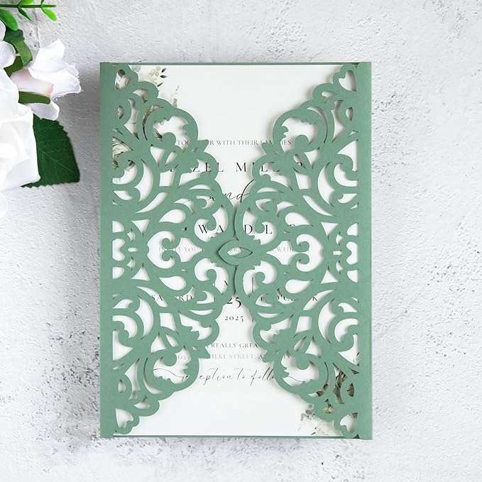 20Pcs Sage Green Laser Cut Invitation Cards by FEIYI