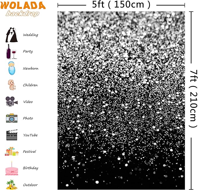 WOLADA Black and Silver Backdrop Silver Glitter Backdrop - Image 3