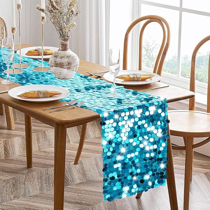 VHH Sequin Table Runner 12 x 108 inches Turquoise Table Runner, Glitter Runner - Image 3