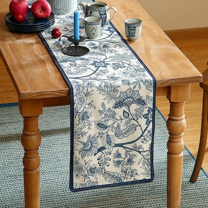 ISAENNE Designer Chinoiserie Elegant Linen Table Runner 102 Inches Long - Image 2