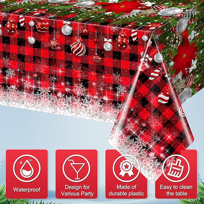 6Pcs Christmas Buffalo Plaid Snowflake Tablecloths, Plastic Red and Black - Image 5