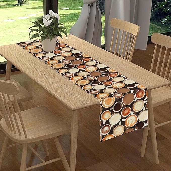 Coffee Theme Table Runner, Farmhouse Coffee Cup Latte Cappuccino Tea Party - Image 3