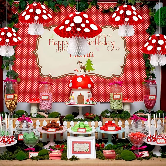 8PCS Mushroom Honeycomb Decor Mushroom Shaped Tissue Paper Pom Decorations - Image 7