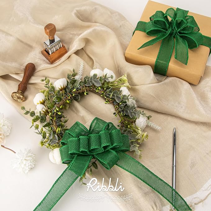 Ribbli Emerald Green Burlap Wired Ribbon, 1” Inch x Continuous 20 Yard - Image 2