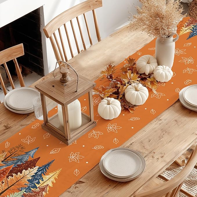 GEEORY Fall Watercolor Trees & Maple Leaves Table Runner 13x60 Inch, Rustic - Image 3