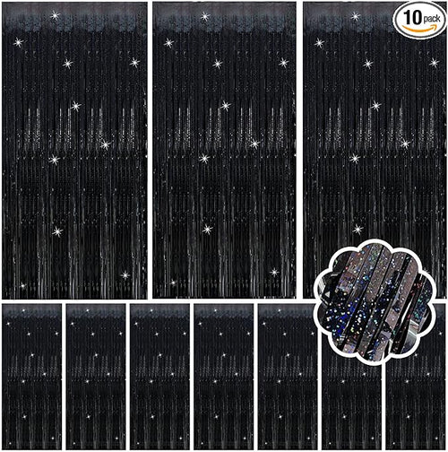10 Pack Black Streamers Backdrop Tinsel Foil Fringe Curtains Party Decorations by Unknown