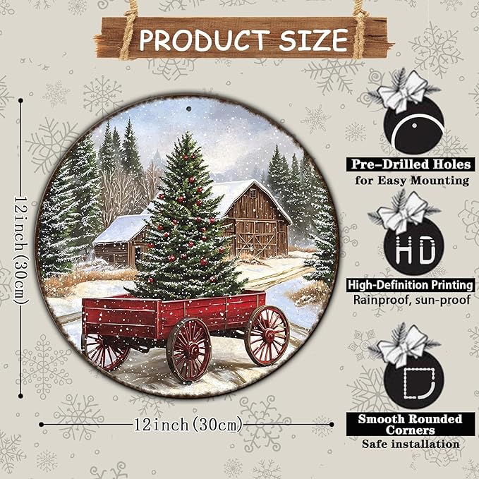 Round Barn Christmas Trees Metal Tin Sign Christmas Vintage Tin Sign Poster - Image 2