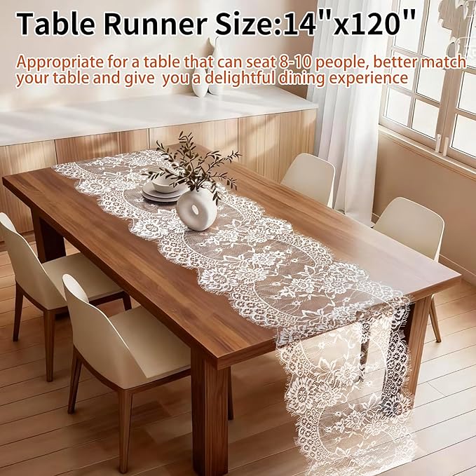3 Pcs White Lace Table Runners 14 x 120 Inch Boho Rose Embroidered Floral - Image 3