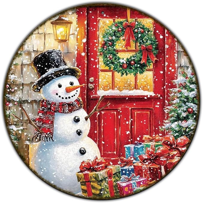 Round Wall Decor Christmas Metal Tin Sign Snowman Sign Rustic Wall Decor Wall by GJXFTPTTBD