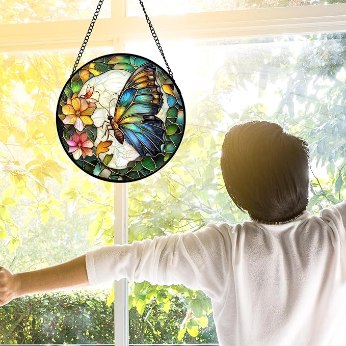 Stained Glass Window Hanging, Butterfly Flower Sun Catchers Diamond Glass Panel - Image 2