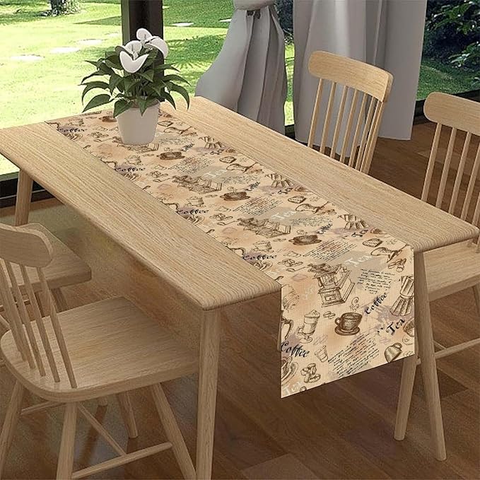 Coffee Theme Table Runner, Rustic Farmhouse Coffee Cup Tea Party Cafe Table - Image 3