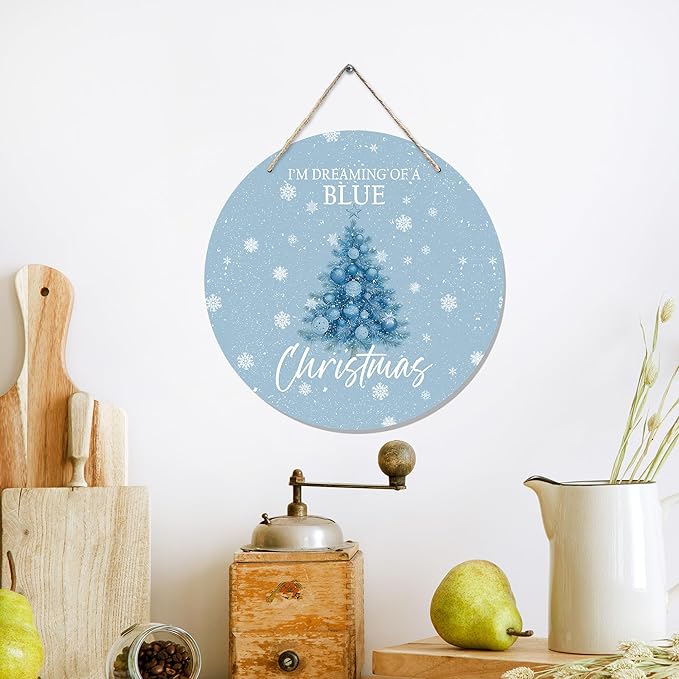 CGBHW Blue Christmas Tree Wooden Sign, Winter Holiday Theme Hanging Sign Wall - Image 3
