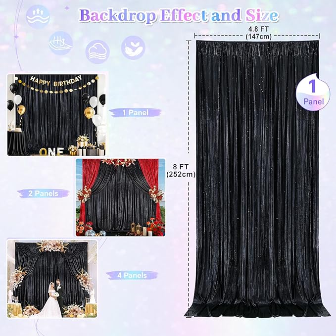 Black Backdrop Curtain 4.8x8FT Halloween Backdrop Sparkly Sequin Party - Image 6