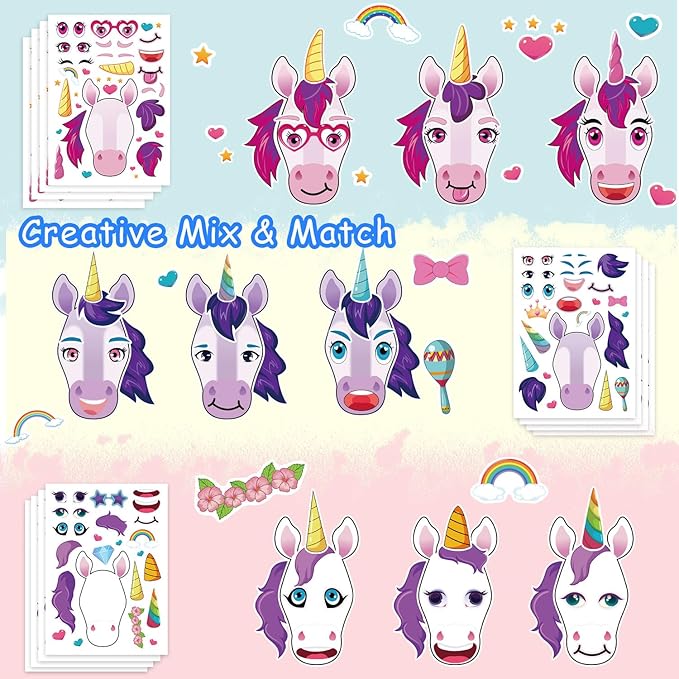 Aowplc 42 Sheets Unicorn Make‑a‑Face Stickers, Fantasy Party Favors, Crafts & - Image 3