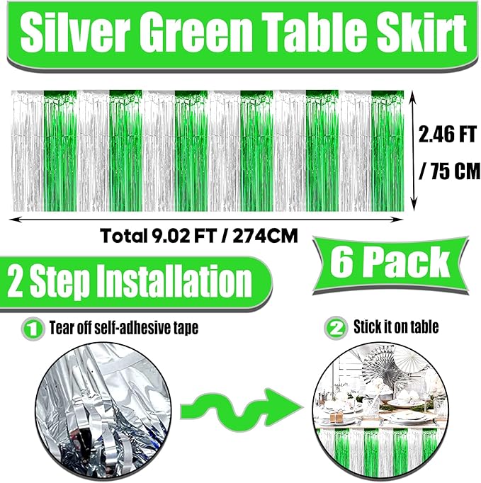 6 Pack 29x108 Inch Silver Green Metallic Foil Fringe Tinsel Table Skirts - Image 2