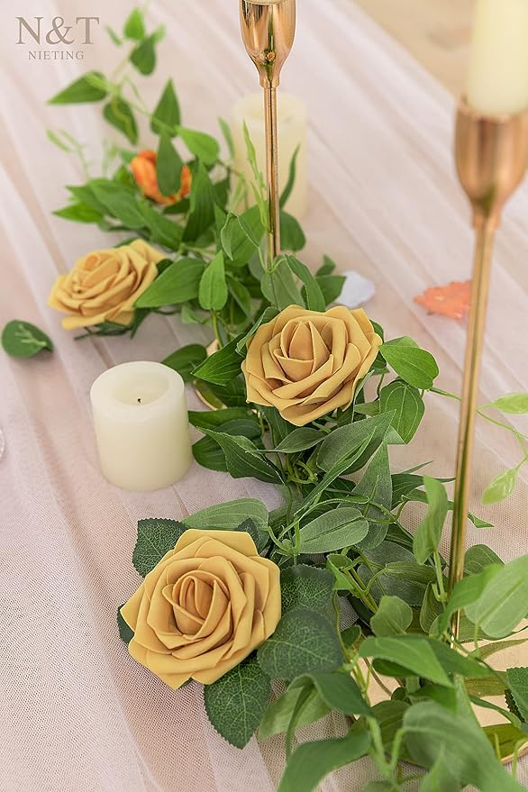 N&T NIETING Artificial Flowers 50pcs Real Looking Gold Yellow Foam Fake Roses - Image 6