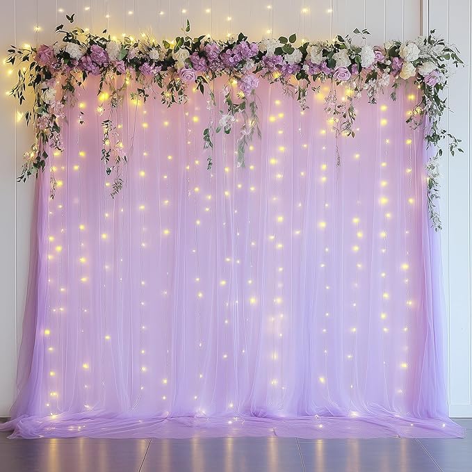Tulle Backdrop Curtain with Lights String 10FT X 8FT Lavender Sheer Tulle by Xiomot