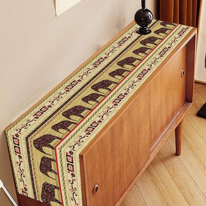 Boho Elephant Table Runner, Vintage Tribal Traditional Bohemian African Animals - Image 2