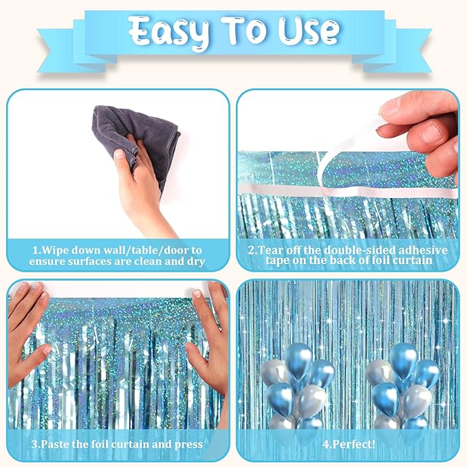 3 Pack 3.3 x 8.2 ft Laser Blue Foil Fringe Backdrop Curtains, Tinsel Streamers - Image 4