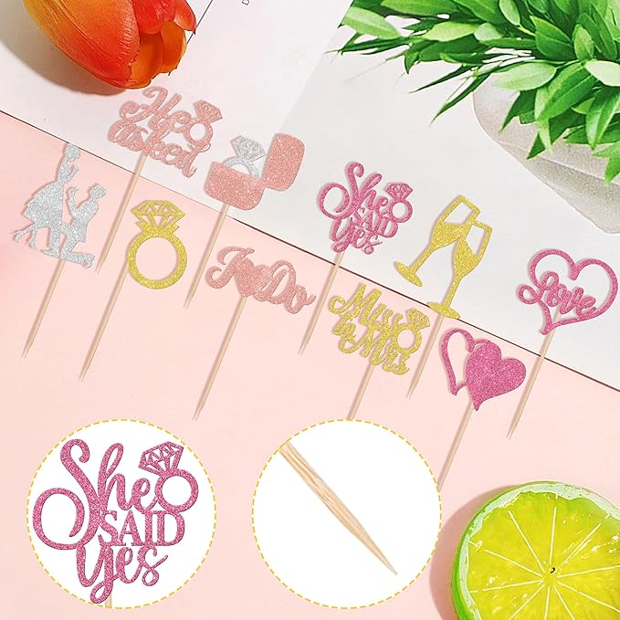 30 PCS He Asked She Said Yes Cupcake Toppers Glitter Miss to Mrs I Do Love - Image 3