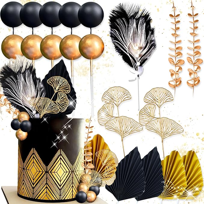 Boho Cake Topper Man Cake Toppers Happy Birthday Cake Topper Black Gold Balls by RoaringGoodTime