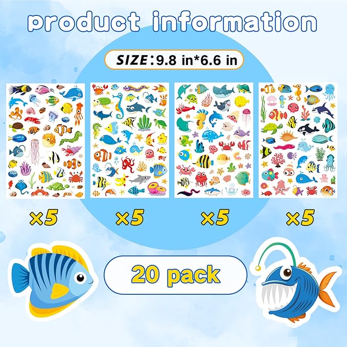 Cute Ocean Sea Animal Adhesive Stickers Tropical Fish Shark Stickers 890 Count - Image 3