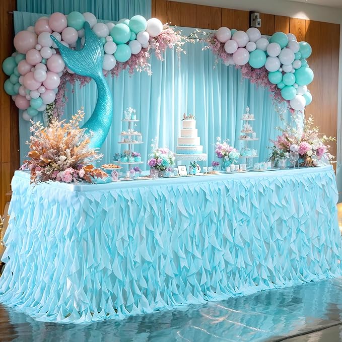 Partisky Aqua Blue Tulle Curly Willow Table Skirt - Image 2