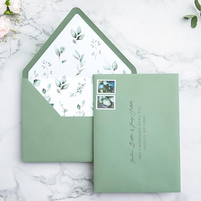 PONATIA 50PCS A7 Euro Flap Envelope, 5.25 x 7.25'' Sage Green Flowers Liner - Image 4