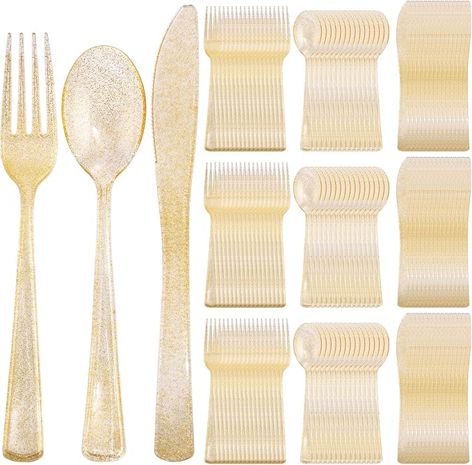 Supernal 300pcs Gold Glitter Plastic Cutlery Disposable Utensils Gold Plastic by supernal