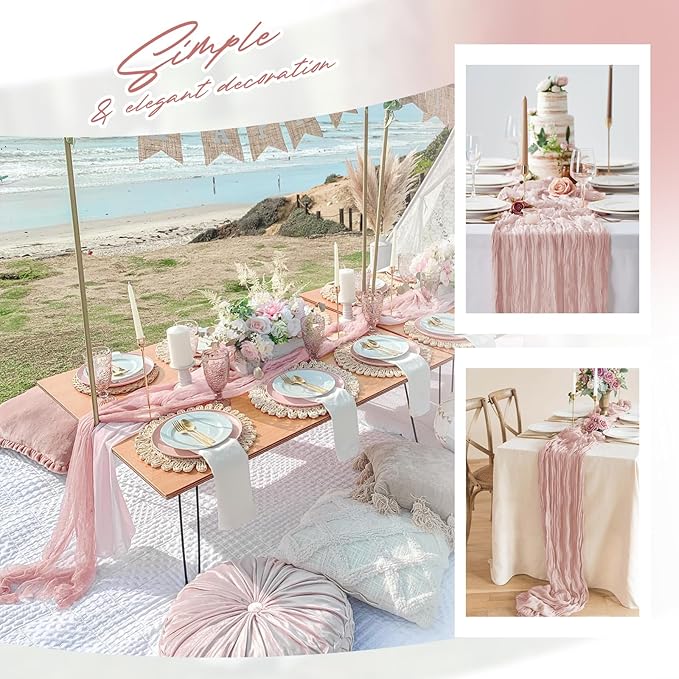 Aktor 4 Pack Dusty Pink Table Runner Boho Cheesecloth Table Runner Semi Sheer - Image 7
