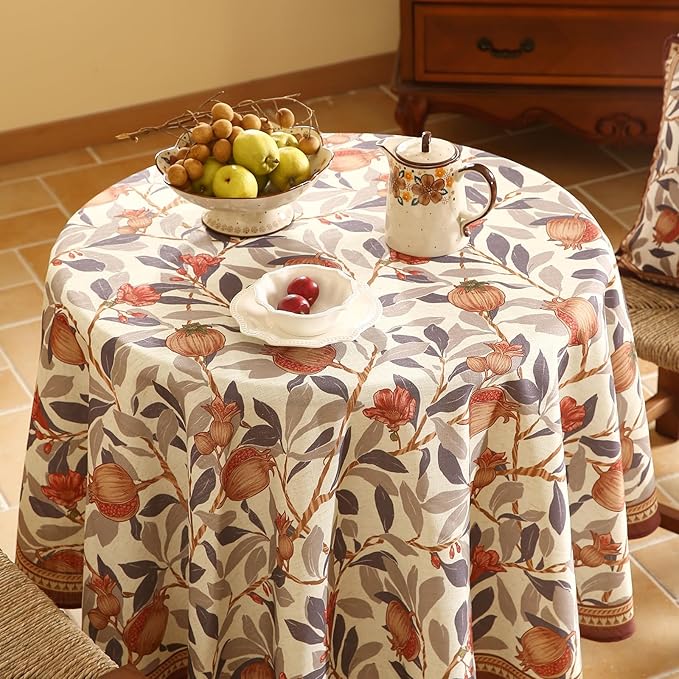 patdrea Designer Linen Small Round Tablecloth, Vintage Pomegranates and Leaves - Image 9