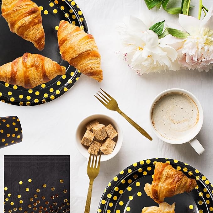 160 Pcs Black and Gold Paper Plates, Forks and Cups Party Supplies, Disposable - Image 6