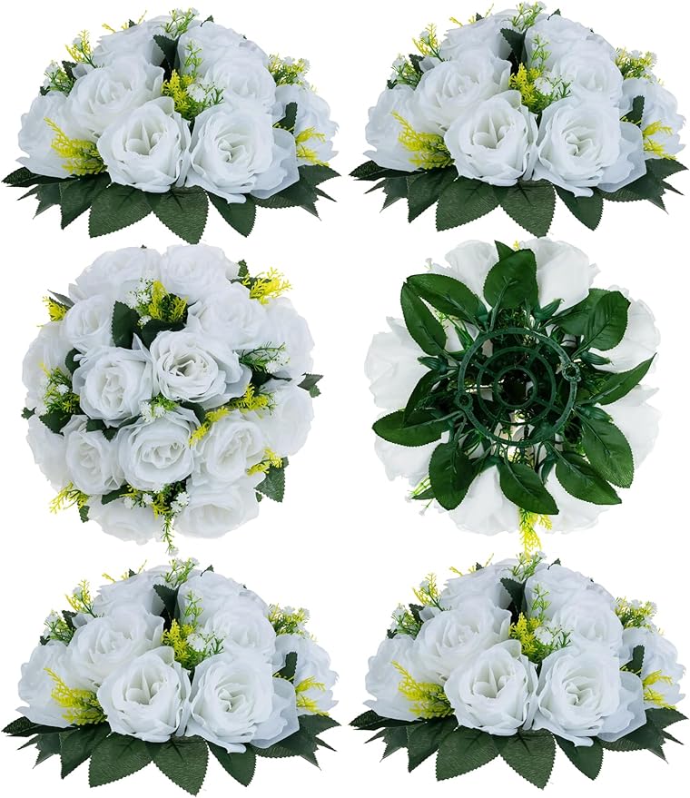 BLOSMON White Fake Flowers Centerpieces: 6 Pcs Artificial Roses Flower Ball by Blosmon