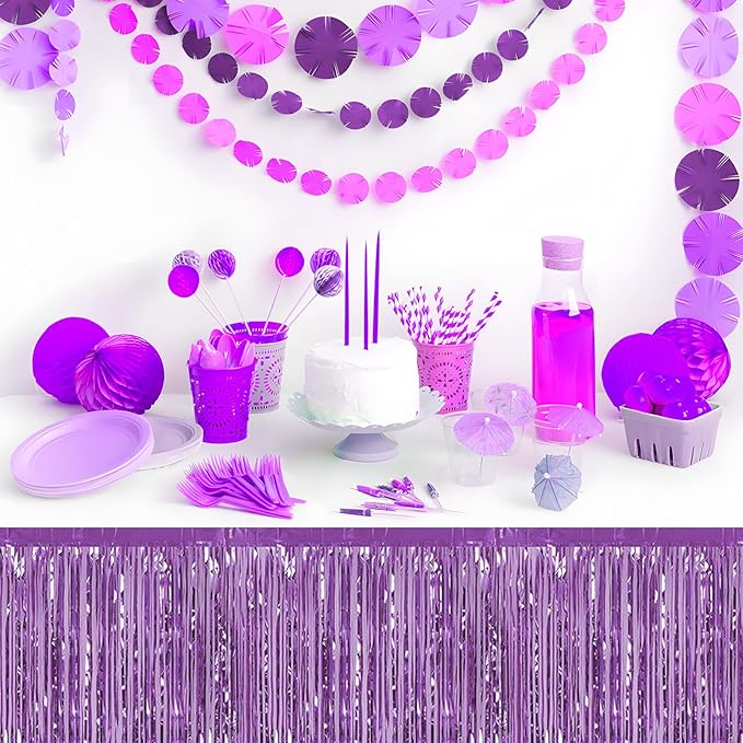 3 Pack 29x108 Inch Light Purple Foil Fringe Table Skirts Metallic Banner - Image 7