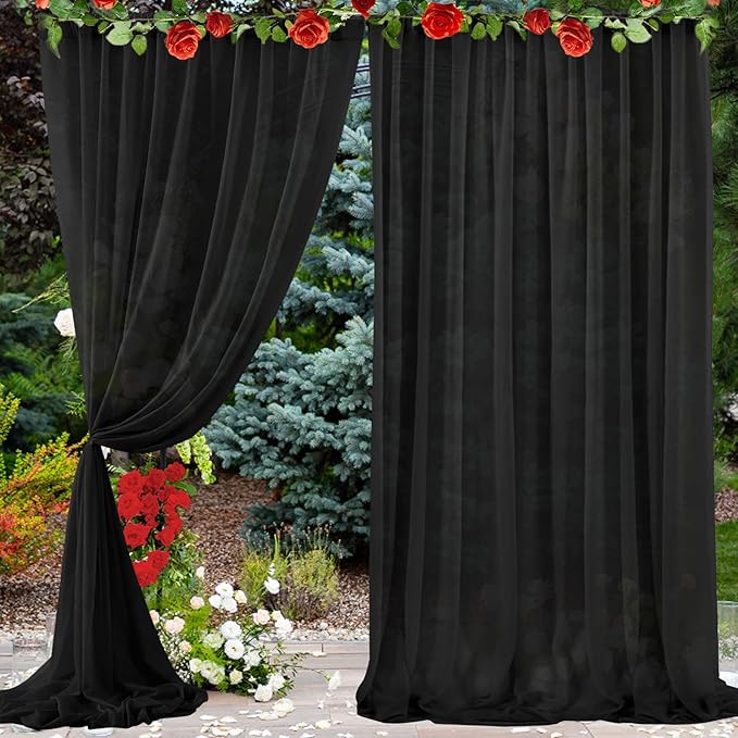 PARTISKY 10ftx10ft Black Chiffon Sheer Backdrop Curtains, Wrinkle-Free Wedding by Partisky