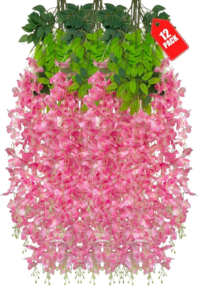 12 Pack Dark Pink Wisteria Hanging Flowers, 3.44 Ft Fake Hanging Flowers by ZEBMOON