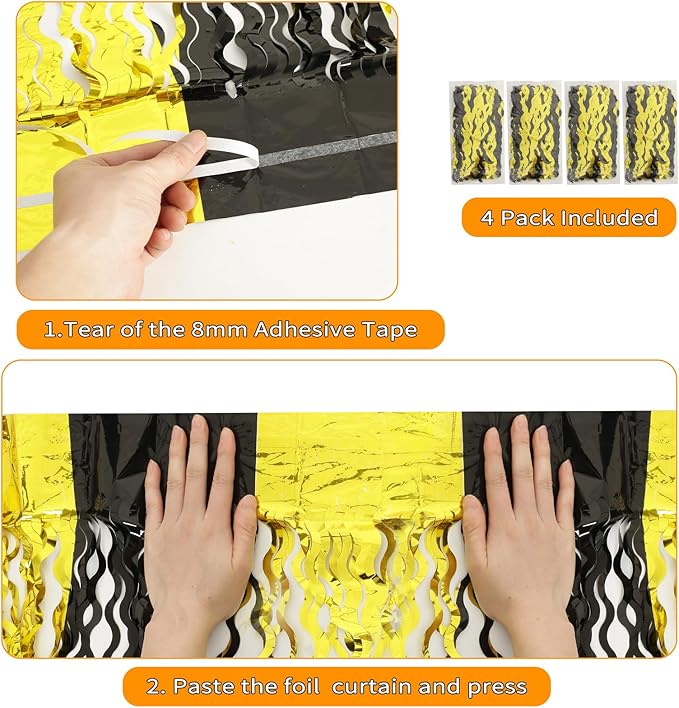 4 Pack Black and Gold Wavy Foil Fringe Curtains Pirthday Decorations, 3.3 ft x - Image 3