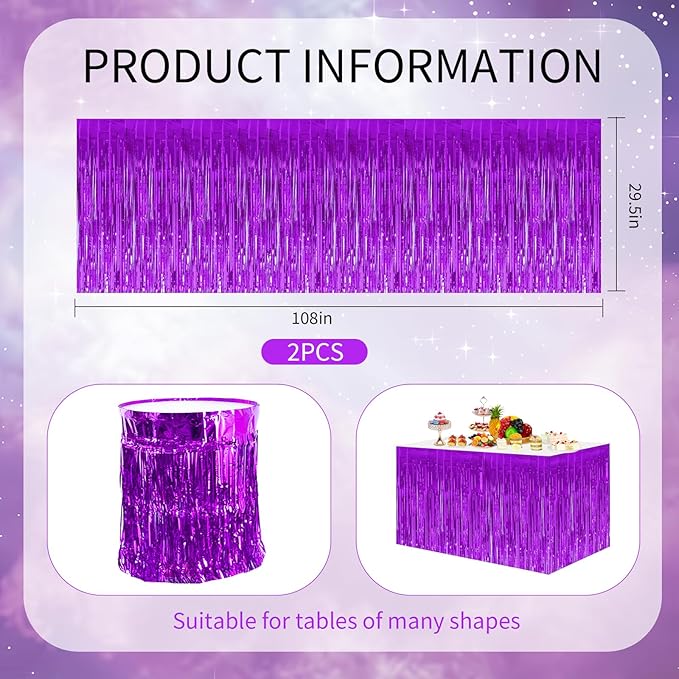 BEISHIDA 2 Pack Dark Purple Metallic Tinsel Foil Fringe Table Skirts - Image 2