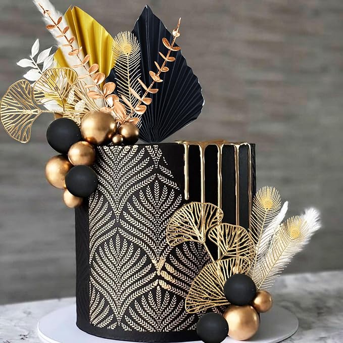 Boho Cake Topper Black Gold Balls Cake Topper Gold Leaves Cake Decorations Prom - Image 5