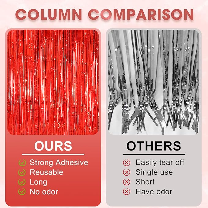 2 Pack Red Tinsel Foil Fringe Curtains, Metallic Tinsel Party Streamers Backdrop - Image 5